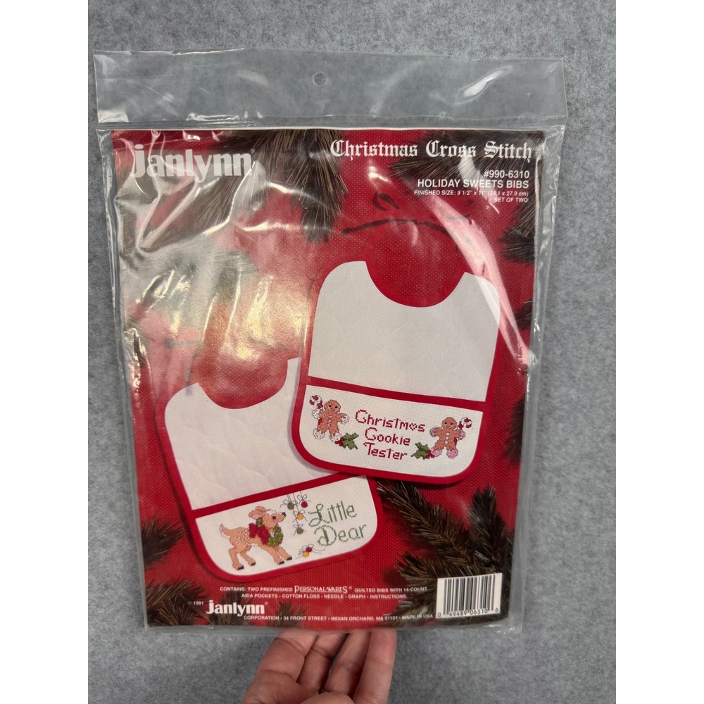Vintage Janlynn Cross Stitch Kit Baby 90s Christmas Holiday Sweets Bibs 990-6310